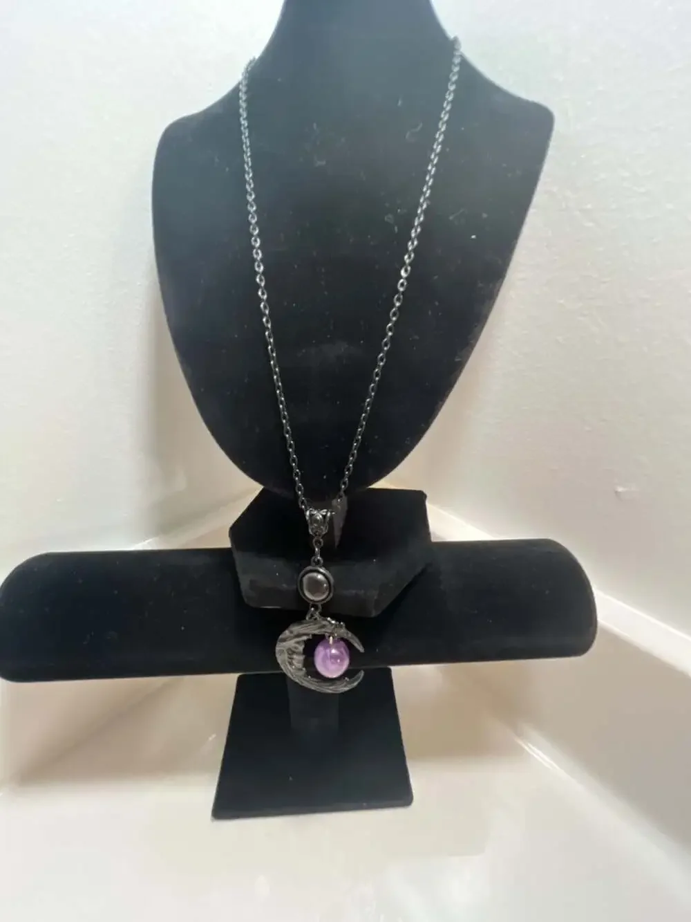 Gothic Black Crescent Moon Pendant Necklace with Purple Bead